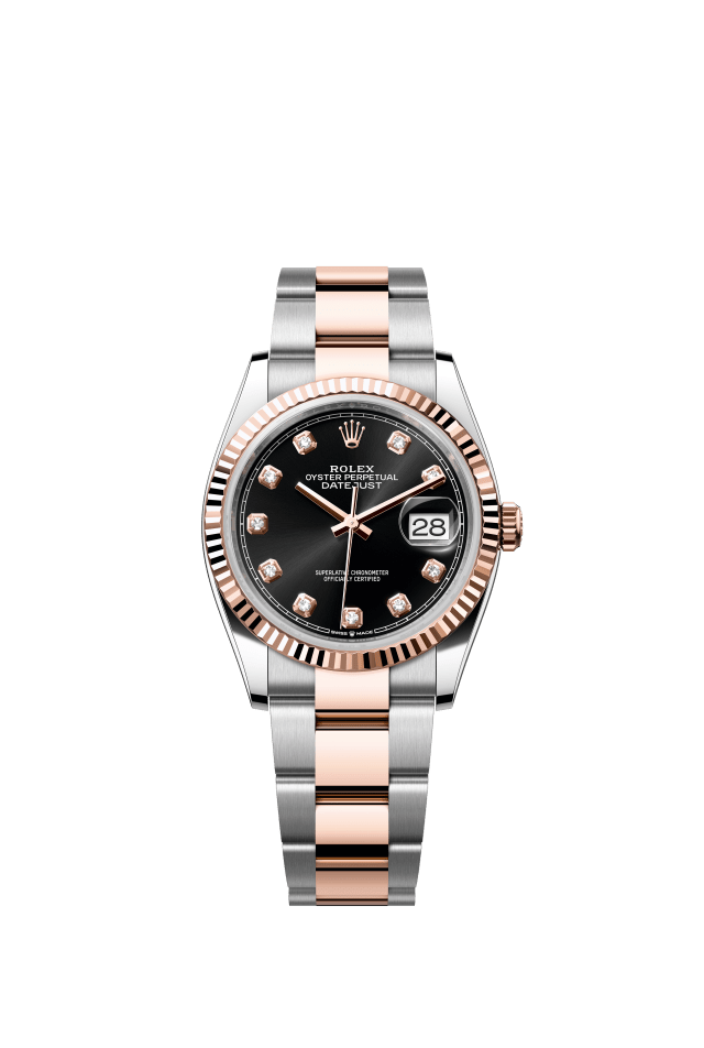 Rolex Datejust 36, Oyster, 36 mm, Oystersteel and Everose gold, bright black set with diamonds dial