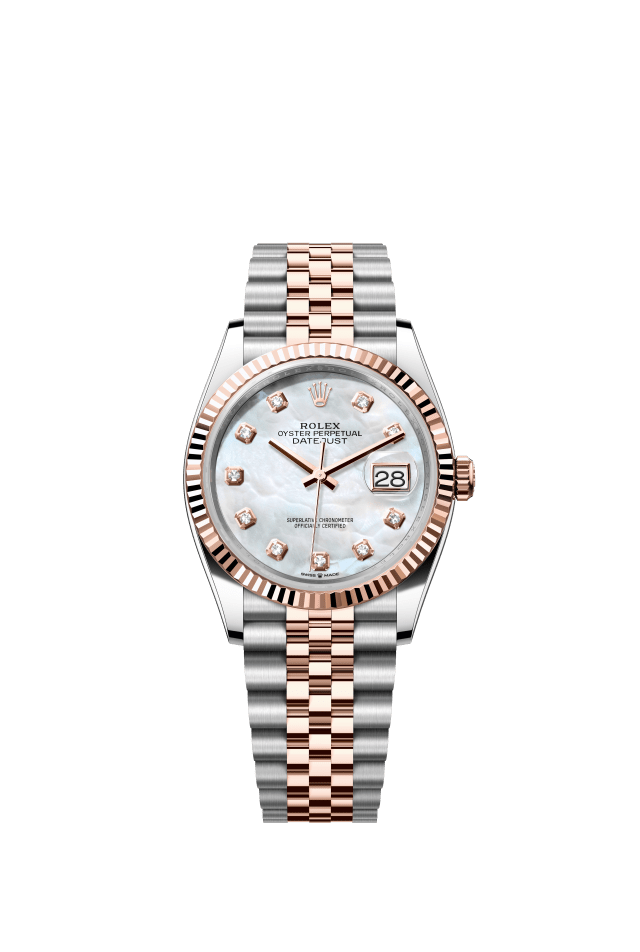 Rolex Datejust 36, Oyster, 36 mm, Oystersteel and Everose gold, white mother-of-pearl set with diamonds dial