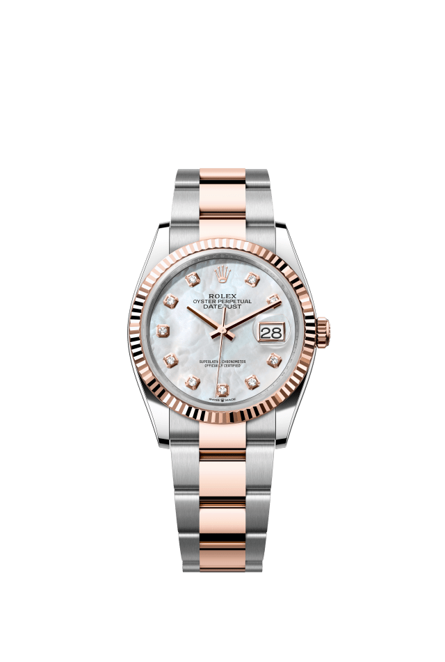 Rolex Datejust 36, Oyster, 36 mm, Oystersteel and Everose gold, white mother-of-pearl set with diamonds dial