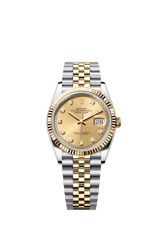 Rolex Datejust 36, Oyster, 36 mm, Oystersteel and yellow gold, champagne-colour set with diamonds dial