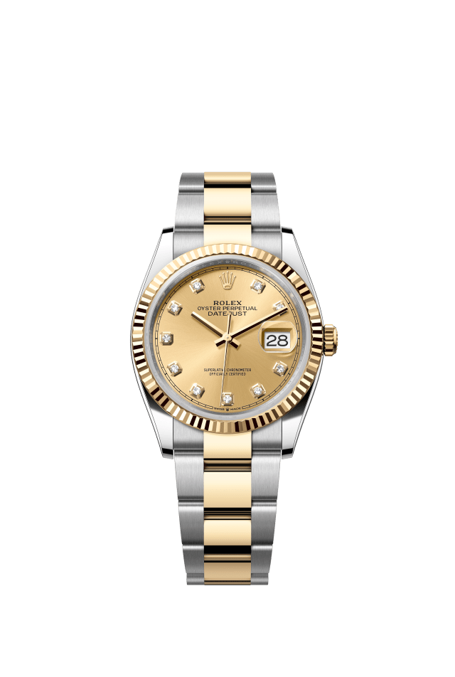 Rolex Datejust 36, Oyster, 36 mm, Oystersteel and yellow gold, champagne-colour set with diamonds dial