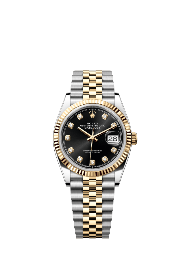 Rolex Datejust 36, Oyster, 36 mm, Oystersteel and yellow gold, bright black set with diamonds dial