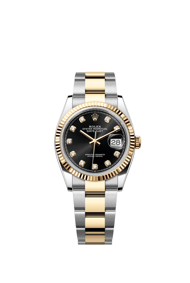Rolex Datejust 36, Oyster, 36 mm, Oystersteel and yellow gold, bright black set with diamonds dial