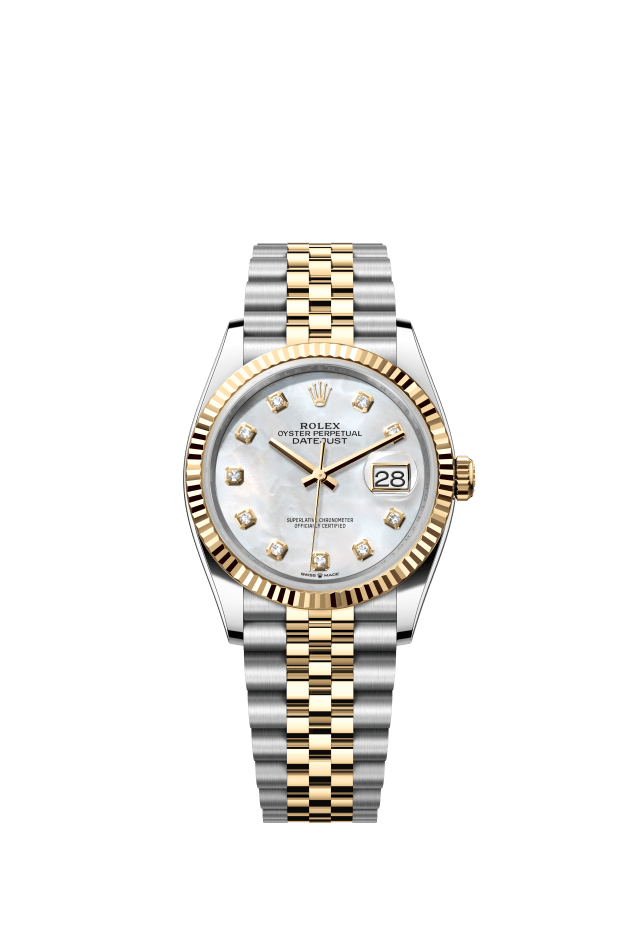 Rolex Datejust 36, Oyster, 36 mm, Oystersteel and yellow gold, white mother-of-pearl set with diamonds dial