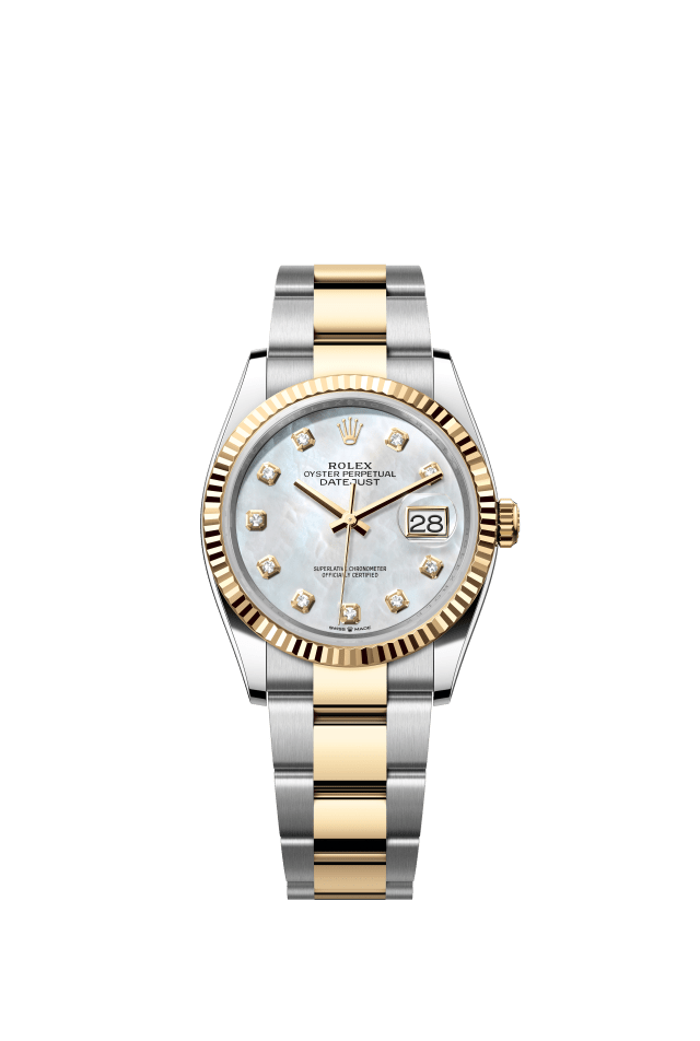 Rolex Datejust 36, Oyster, 36 mm, Oystersteel and yellow gold, white mother-of-pearl set with diamonds dial