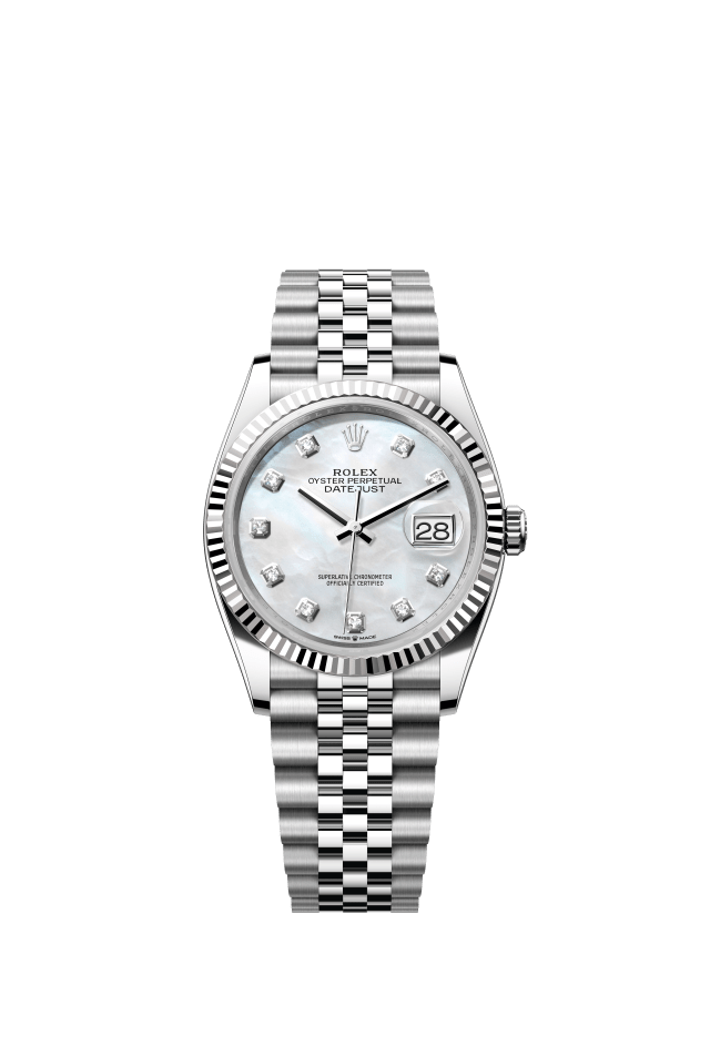 Rolex Datejust 36, Oyster, 36 mm, Oystersteel and white gold, white mother-of-pearl set with diamonds dial
