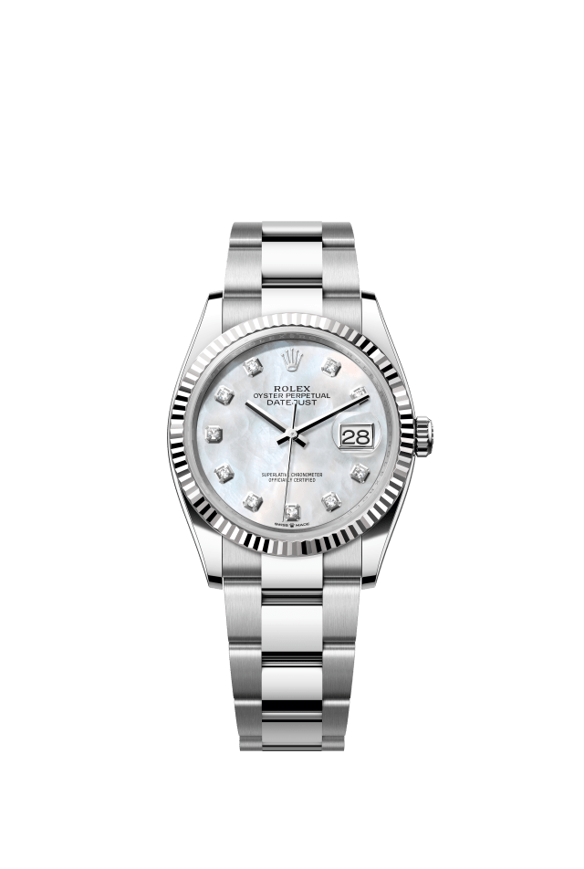 Rolex Datejust 36, Oyster, 36 mm, Oystersteel and white gold, white mother-of-pearl set with diamonds dial