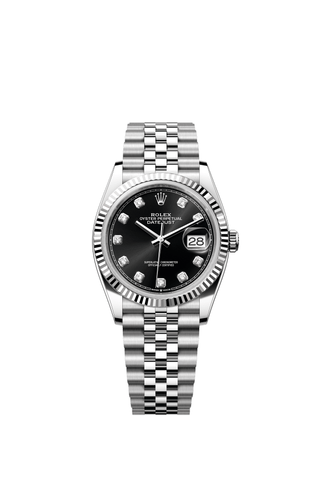 Rolex Datejust 36, Oyster, 36 mm, Oystersteel and white gold, bright black set with diamonds dial