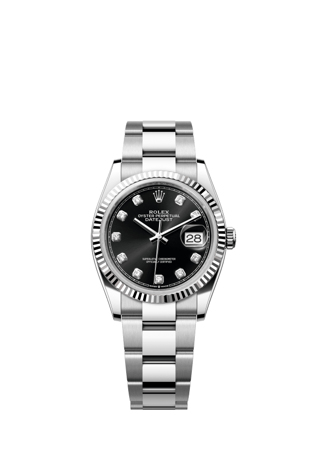 Rolex Datejust 36, Oyster, 36 mm, Oystersteel and white gold, bright black set with diamonds dial