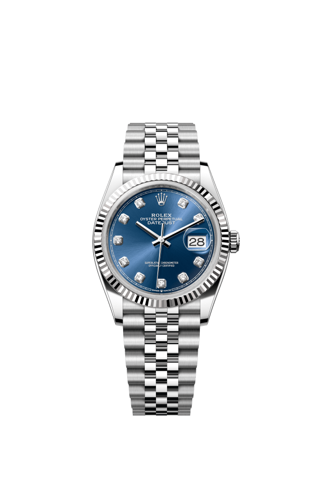 Rolex Datejust 36, Oyster, 36 mm, Oystersteel and white gold, bright blue set with diamonds dial