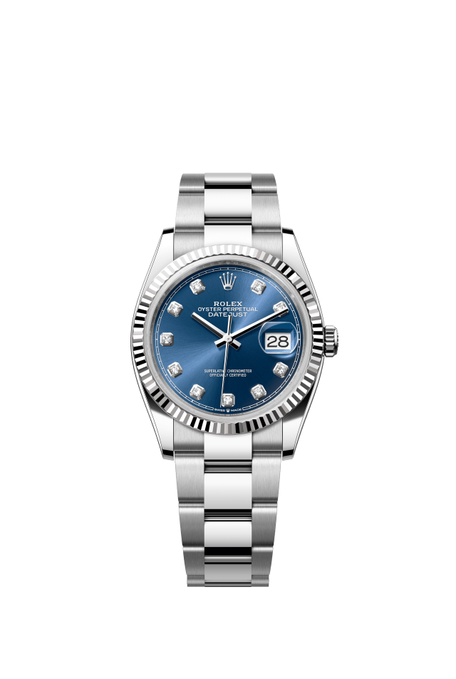 Rolex Datejust 36, Oyster, 36 mm, Oystersteel and white gold, bright blue set with diamonds dial