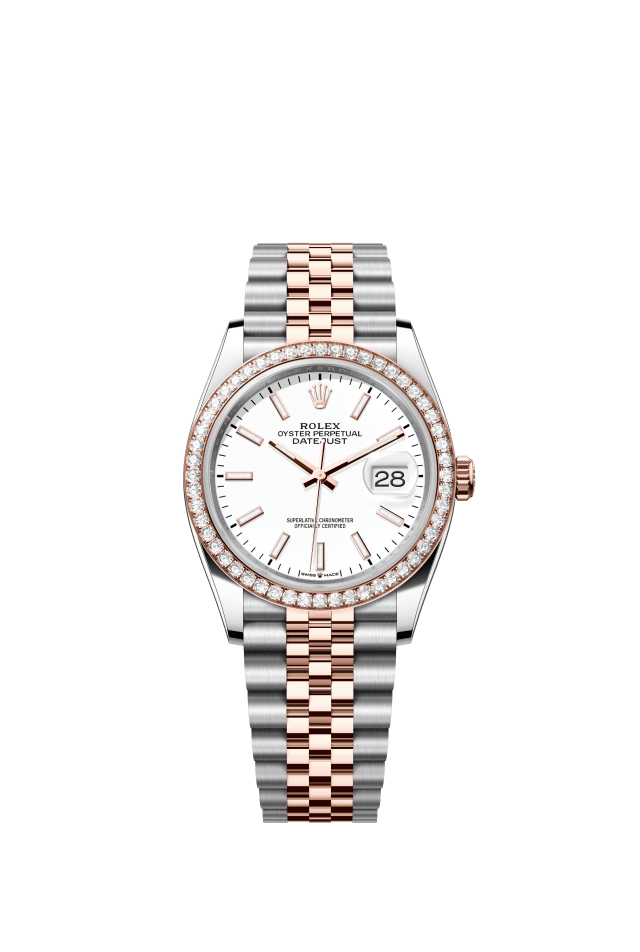 Rolex Datejust 36, Oyster, 36 mm, Oystersteel, Everose gold and diamonds, white dial