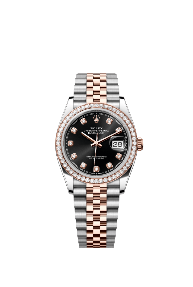 Rolex Datejust 36, Oyster, 36 mm, Oystersteel, Everose gold and diamonds, bright black set with diamonds dial