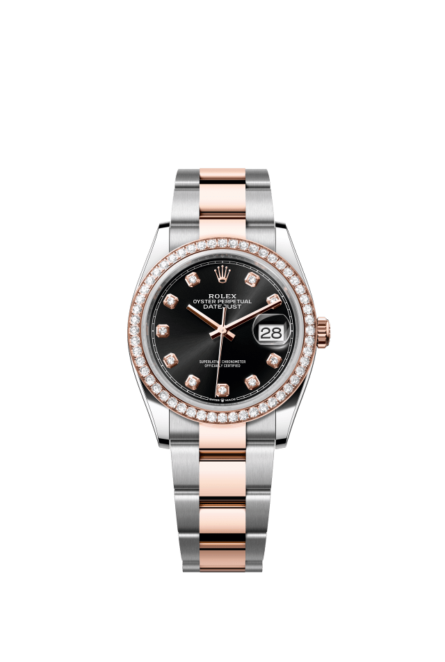 Rolex Datejust 36, Oyster, 36 mm, Oystersteel, Everose gold and diamonds, bright black set with diamonds dial