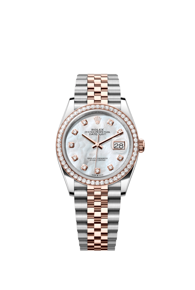 Rolex Datejust 36, Oyster, 36 mm, Oystersteel, Everose gold and diamonds, white mother-of-pearl set with diamonds dial