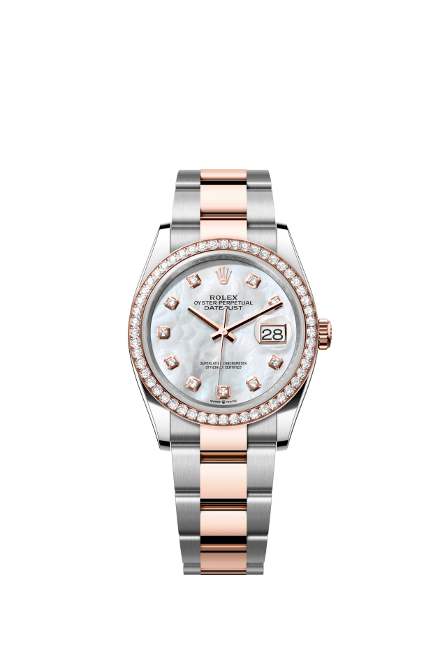 Rolex Datejust 36, Oyster, 36 mm, Oystersteel, Everose gold and diamonds, white mother-of-pearl set with diamonds dial