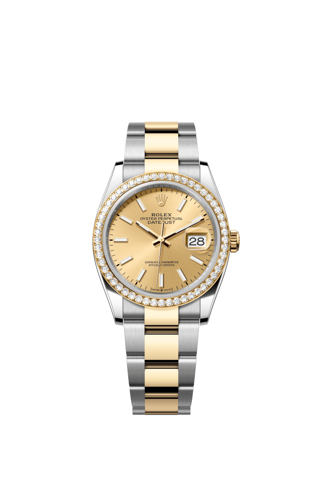 Rolex Datejust 36, Oyster, 36 mm, Oystersteel, yellow gold and diamonds, champagne-colour dial