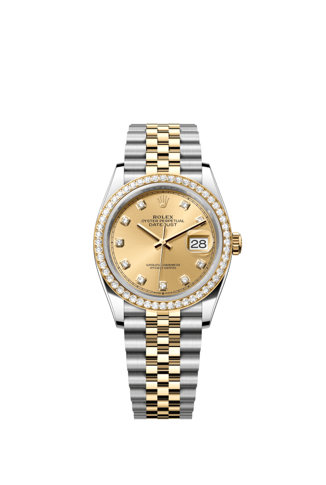 Rolex Datejust 36, Oyster, 36 mm, Oystersteel, yellow gold and diamonds, champagne-colour set with diamonds dial