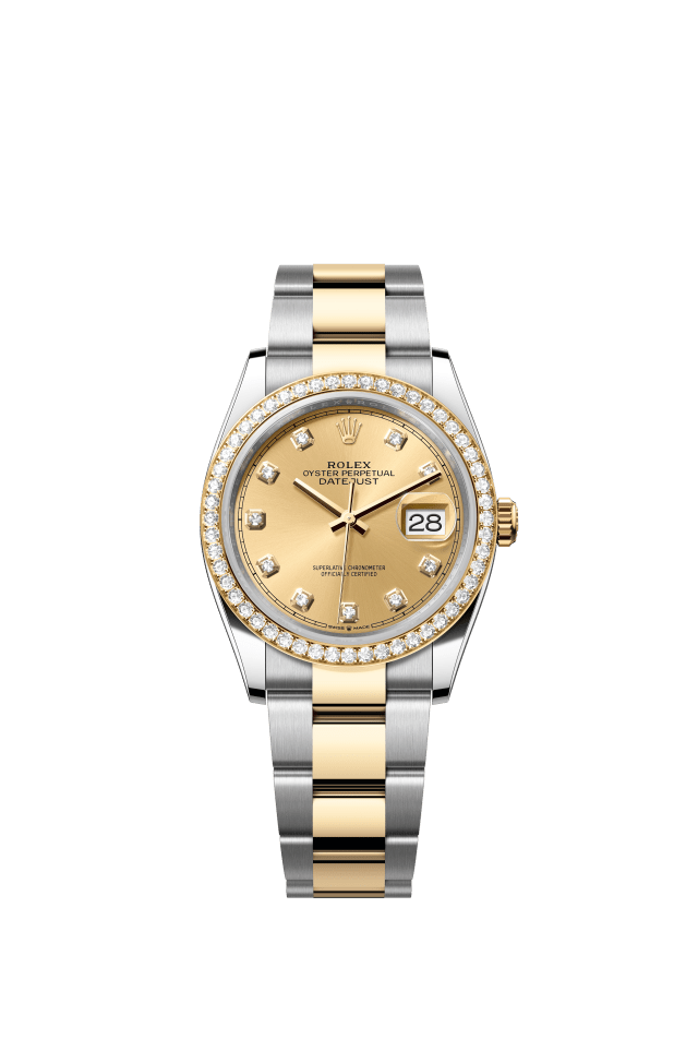 Rolex Datejust 36, Oyster, 36 mm, Oystersteel, yellow gold and diamonds, champagne-colour set with diamonds dial