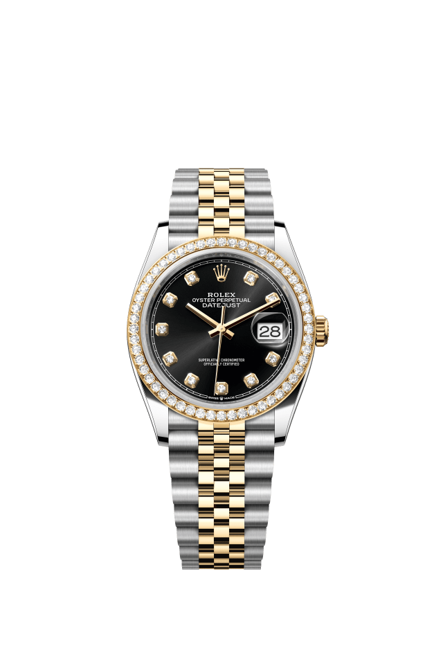 Rolex Datejust 36, Oyster, 36 mm, Oystersteel, yellow gold and diamonds, bright black set with diamonds dial