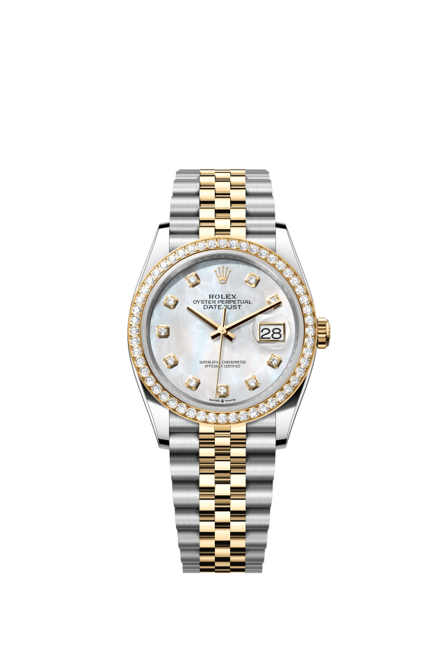Rolex Datejust 36, Oyster, 36 mm, Oystersteel, yellow gold and diamonds, white mother-of-pearl set with diamonds dial
