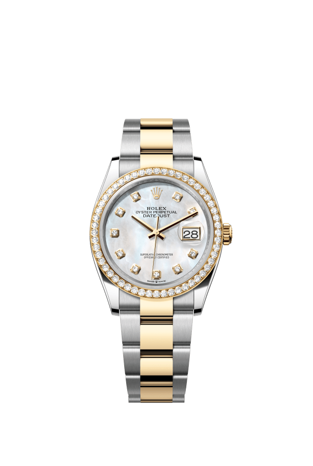 Rolex Datejust 36, Oyster, 36 mm, Oystersteel, yellow gold and diamonds, white mother-of-pearl set with diamonds dial