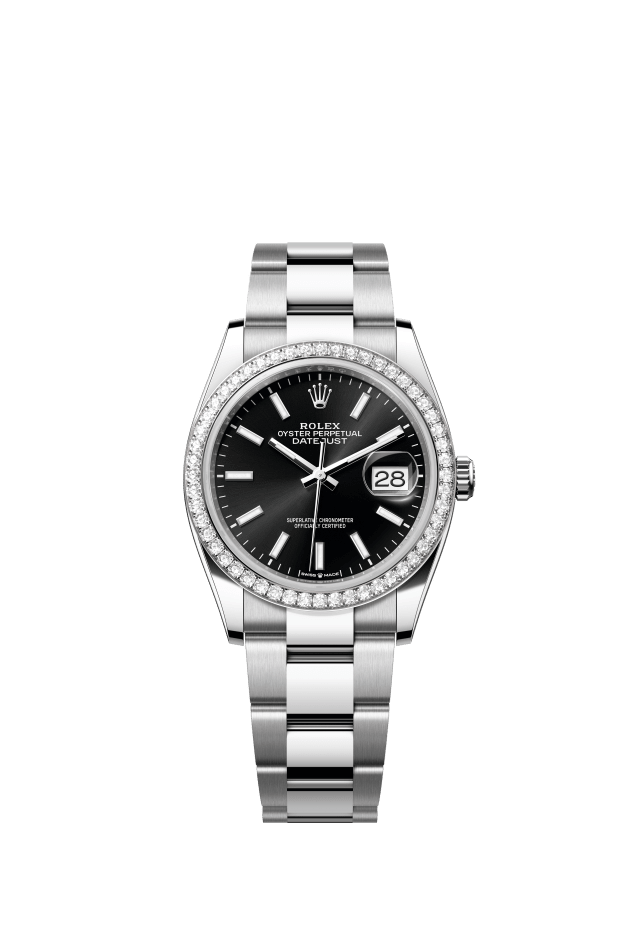 Rolex Datejust 36, Oyster, 36 mm, Oystersteel, white gold and diamonds, bright black dial