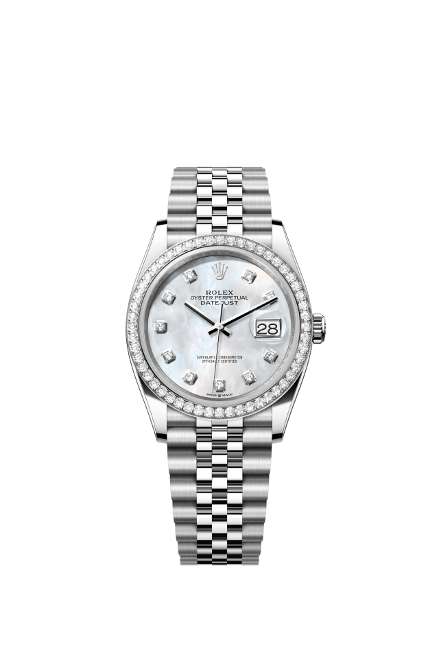 Rolex Datejust 36, Oyster, 36 mm, Oystersteel, white gold and diamonds, white mother-of-pearl set with diamonds dial