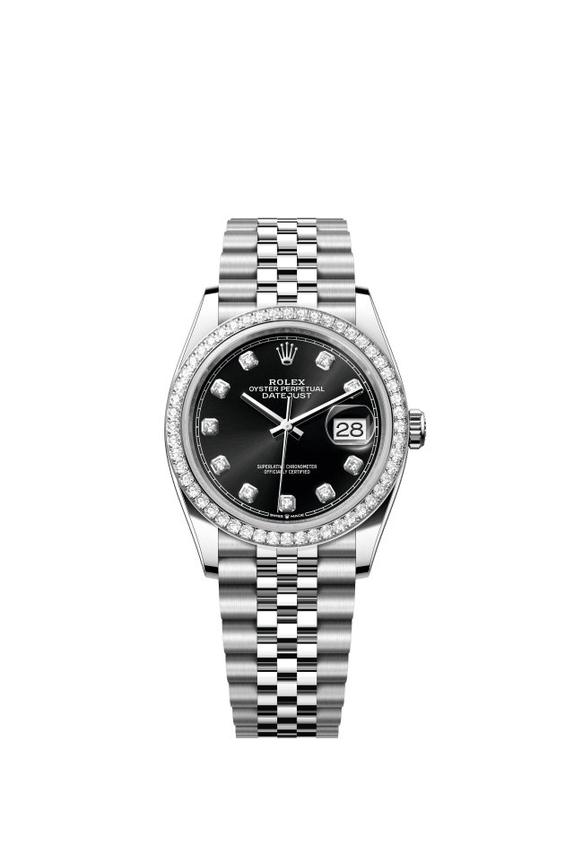 Rolex Datejust 36, Oyster, 36 mm, Oystersteel, white gold and diamonds, bright black set with diamonds dial