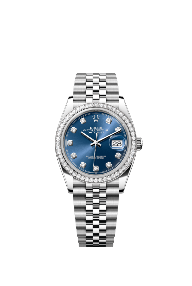 Rolex Datejust 36, Oyster, 36 mm, Oystersteel, white gold and diamonds, bright blue set with diamonds dial