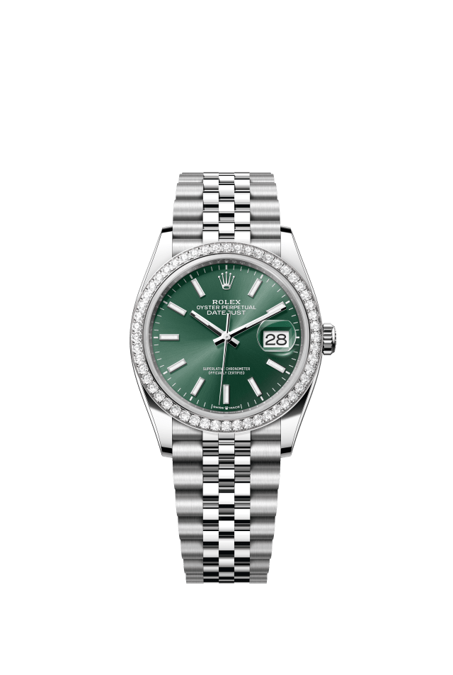 Rolex Datejust 36, Oyster, 36 mm, Oystersteel, white gold and diamonds, mint green dial