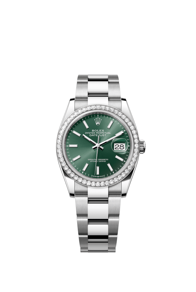 Rolex Datejust 36, Oyster, 36 mm, Oystersteel, white gold and diamonds, mint green dial