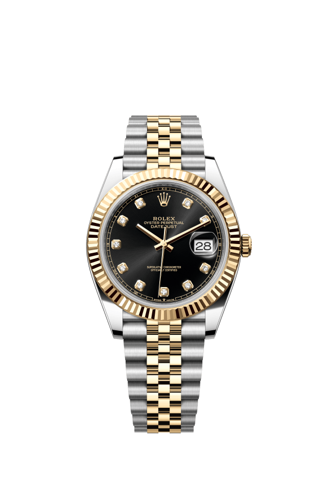 Rolex Datejust 41, Oyster, 41 mm, Oystersteel and yellow gold, bright black set with diamonds dial