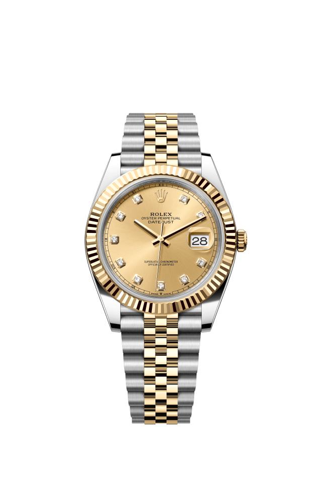Rolex Datejust 41, Oyster, 41 mm, Oystersteel and yellow gold, champagne-colour set with diamonds dial