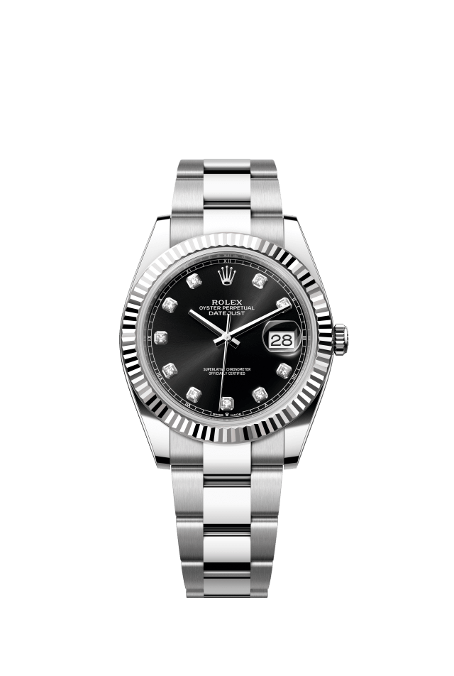Rolex Datejust 41, Oyster, 41 mm, Oystersteel and white gold, bright black set with diamonds dial