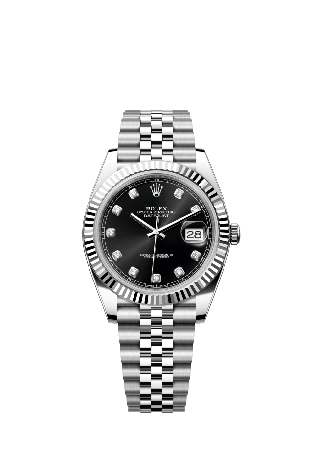 Rolex Datejust 41, Oyster, 41 mm, Oystersteel and white gold, bright black set with diamonds dial