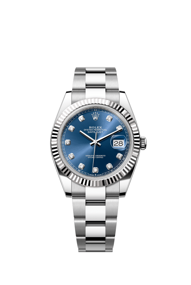 Rolex Datejust 41, Oyster, 41 mm, Oystersteel and white gold, bright blue set with diamonds dial