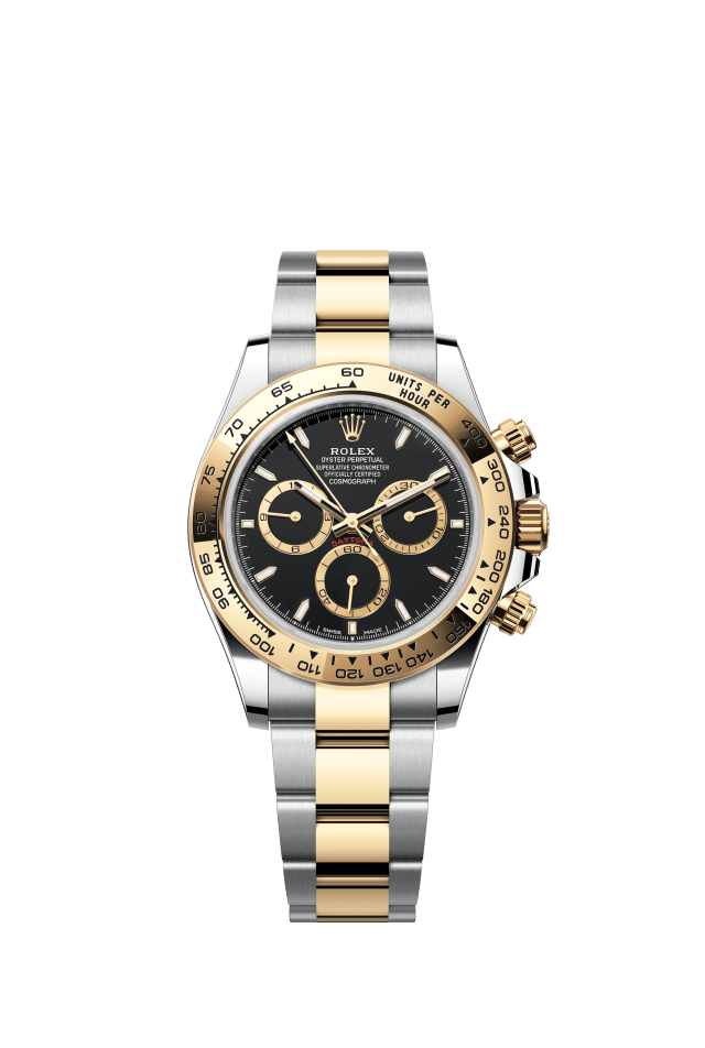 Rolex Cosmograph Daytona, Oyster, 40 mm, Oystersteel and yellow gold, black dial, golden counter rings
