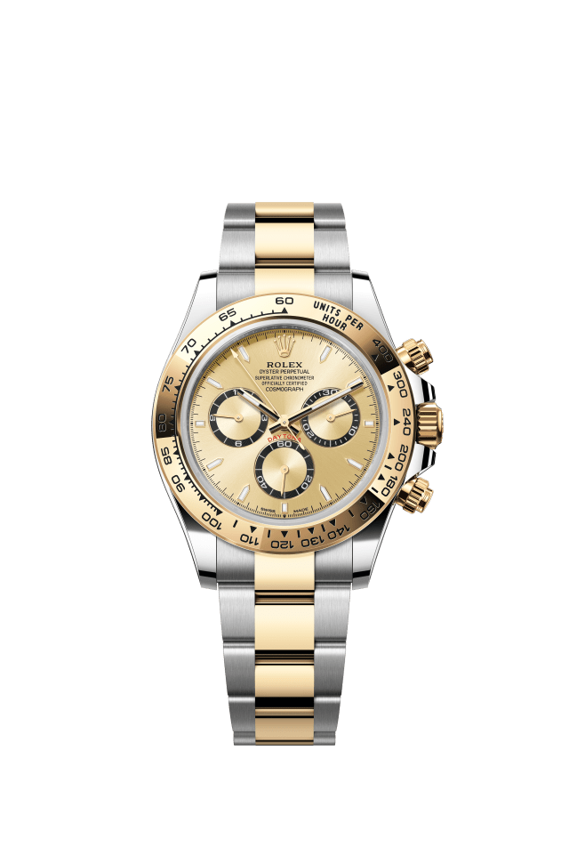 Rolex Cosmograph Daytona, Oyster, 40 mm, Oystersteel and yellow gold, golden dial, black counter rings