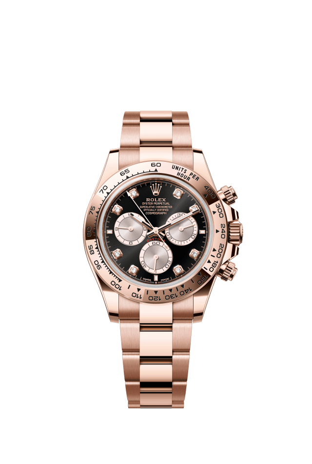 Rolex Cosmograph Daytona, Oyster, 40 mm, Everose gold, bright black and sundust set with diamonds dial