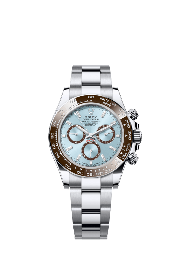 Rolex Cosmograph Daytona, Oyster, 40 mm, platinum, ice blue dial, chestnut brown counter rings set with diamonds