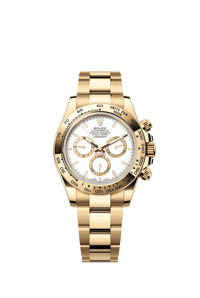 Rolex Cosmograph Daytona, Oyster, 40 mm, yellow gold, white dial, golden counter rings