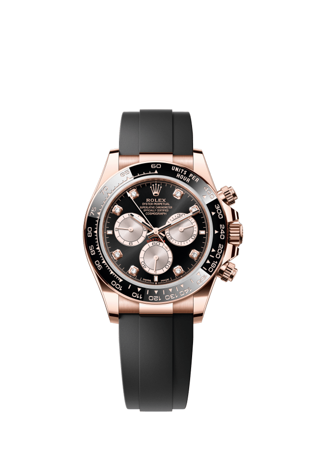 Rolex Cosmograph Daytona, Oyster, 40 mm, Everose gold, bright black and sundust set with diamonds dial