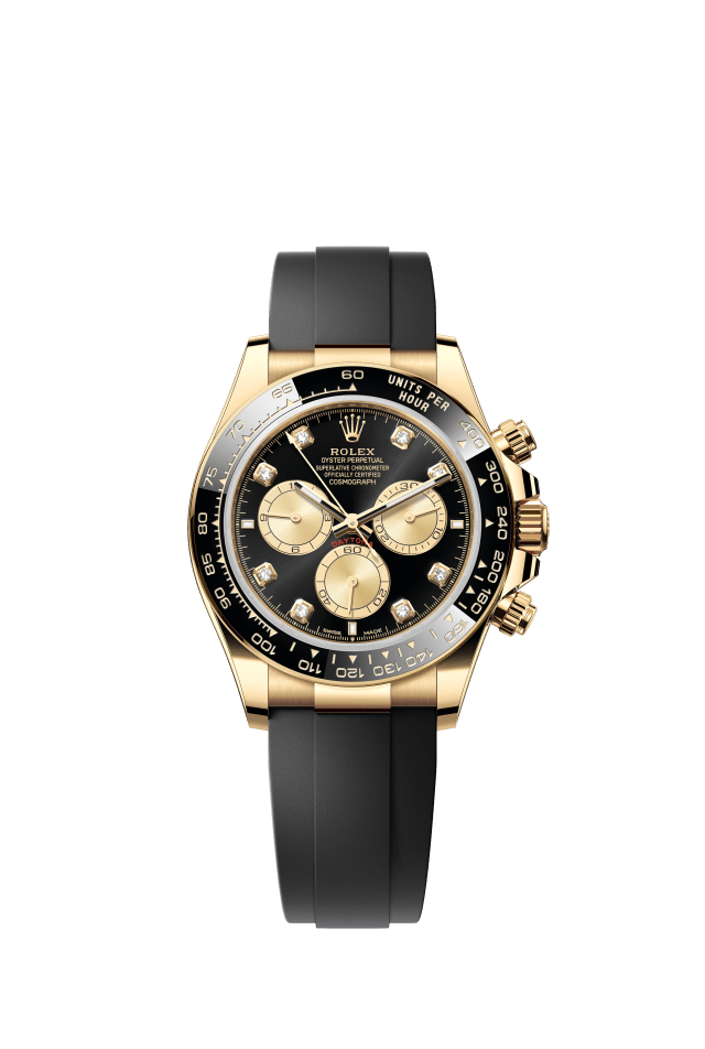 Rolex Cosmograph Daytona, Oyster, 40 mm, yellow gold, bright black and golden set with diamonds dial