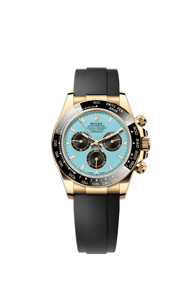 Rolex Cosmograph Daytona, Oyster, 40 mm, yellow gold, turquoise blue and black dial