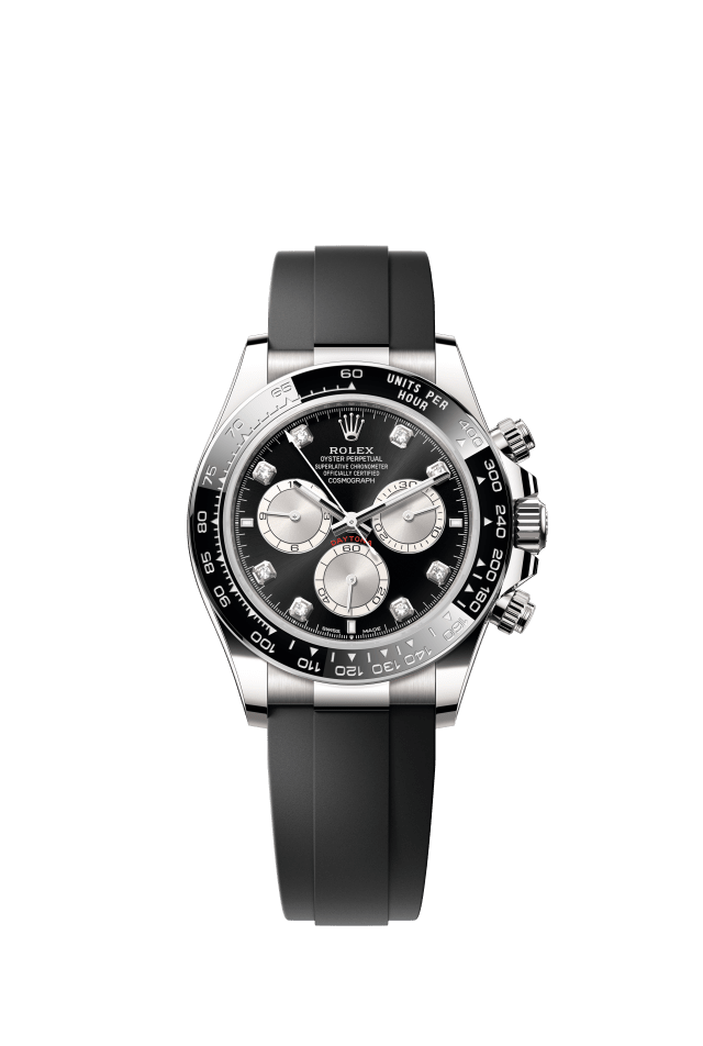 Rolex Cosmograph Daytona, Oyster, 40 mm, white gold, bright black and steel set with diamonds dial