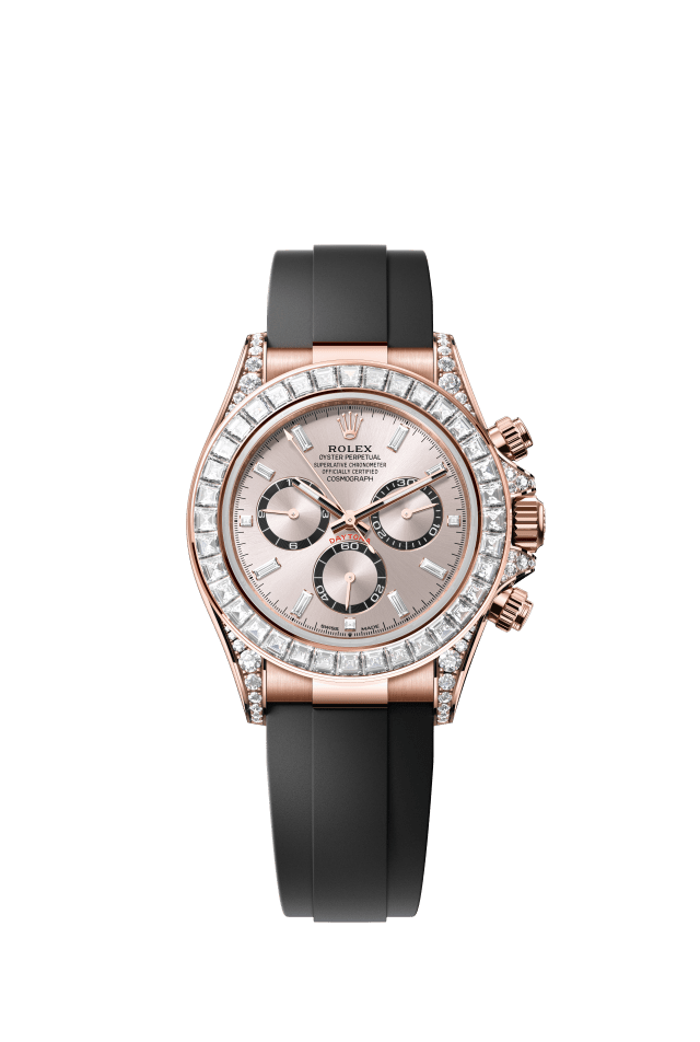 Rolex Cosmograph Daytona, Oyster, 40 mm, Everose gold and diamonds, sundust dial, bright black counter rings set with diamonds