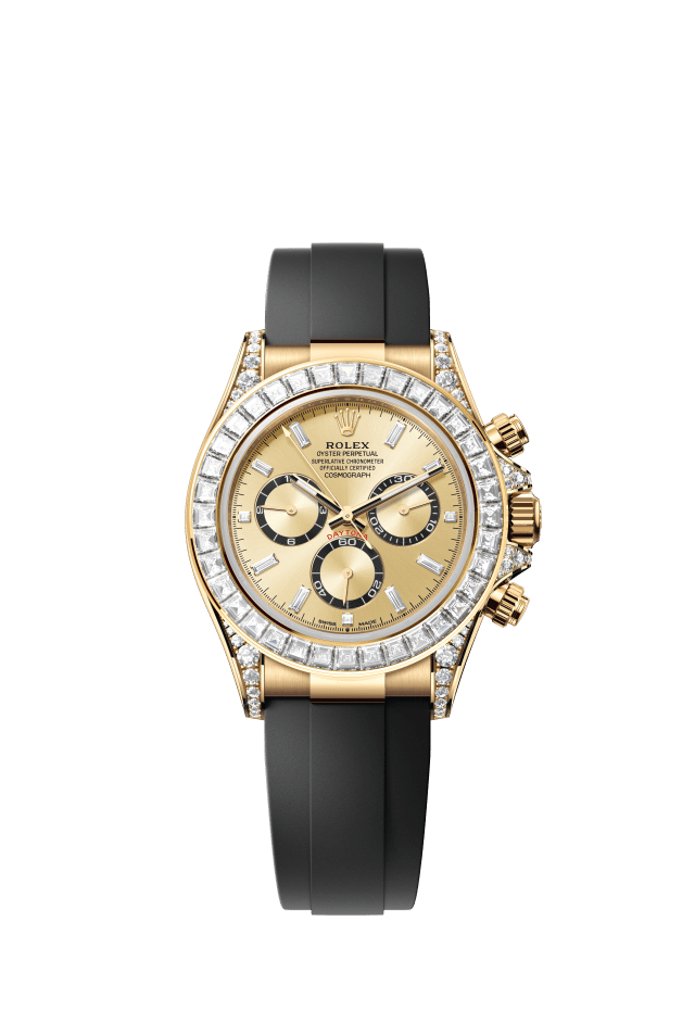 Rolex Cosmograph Daytona, Oyster, 40 mm, yellow gold and diamonds, golden dial, bright black counter rings set with diamonds