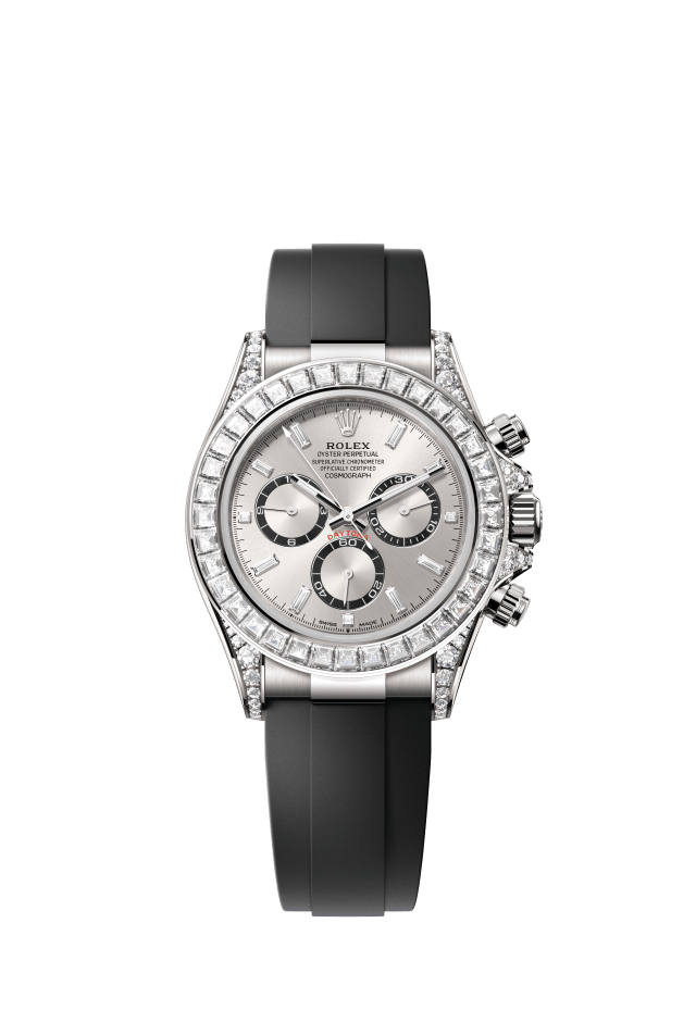 Rolex Cosmograph Daytona, Oyster, 40 mm, white gold and diamonds, steel dial, bright black counter rings set with diamonds