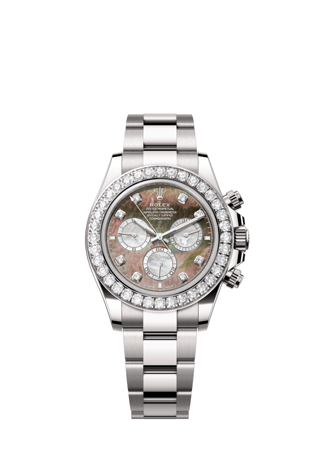 Rolex Cosmograph Daytona, Oyster, 40 mm, white gold and diamonds, black and white mother-of-pearl set with diamonds dial